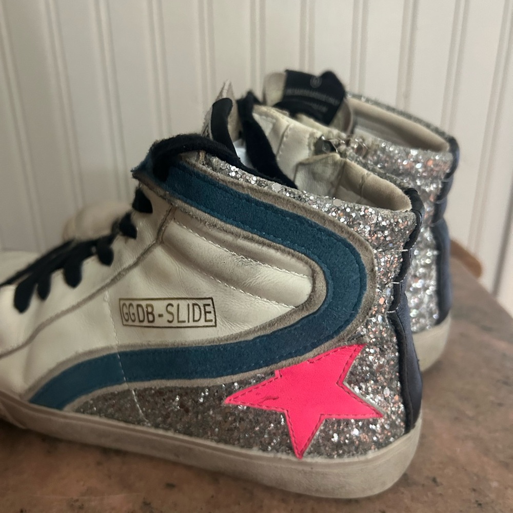 Authentic Golden Goose Silver Glitter Sneakers with Pink Star